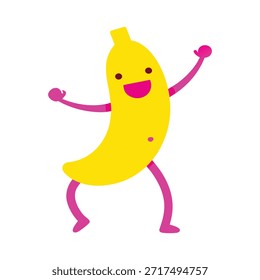 Fun banana character dancing neon yellow with magenta flat design perfect for music themes party posters and playful mascot illustrations