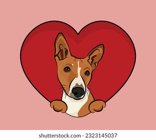 Fun Basenji dog hanging with paws in a big Valentine's day heart. Love heart with pet head and heart and footprint. Dog face Holding Pink Heart Cartoon Icon. St Valentine's day for dog funs.