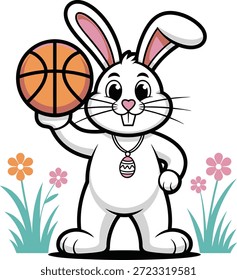 A fun Basketball Easter Bunny mascot character, illustrated in a bold vector graphic style, holds an orange basketball and wears an Easter egg pendant.