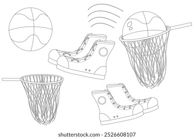 Fun basketball-themed back-to-school coloring page with sneakers, hoops, and a ball. Great for creative classroom activities.