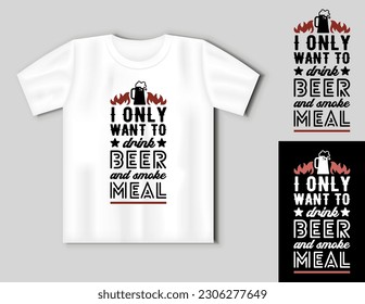 Fun BBQ and grill inscription. Font composition with a beer and flame. Funny BBQ concept with t-shirt mockup. Vector illustration