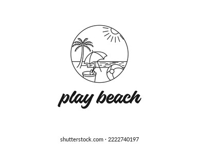 Fun Beach with Ball and Sand Pot and Umbrella for Kids Play Travel Vacation Logo Design