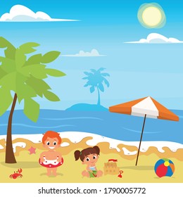 Fun at the beach. Happy kids building sand castles and playing beach ball. vector illustration