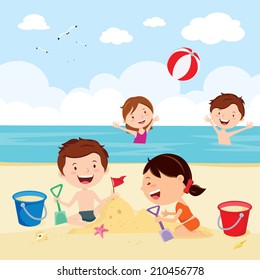 Fun at the beach. Happy kids building sand castles and playing beach ball.