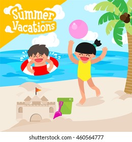 Fun at the beach. Happy kids building sand castles and playing beach ball. Kids Swimming Beach.