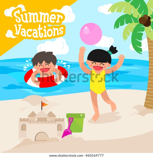 Fun Beach Happy Kids Building Sand Stock Vector (Royalty Free) 460564777