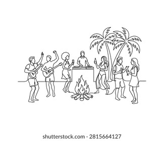 A fun beach party scene with people dancing playing music and enjoying drinks together