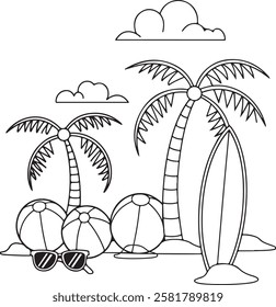 Fun Beach Scene Coloring Page with Palm Trees, Sun, and Summer Elements, black and white, brazil, palm tree, beauty in nature, sky, beach, summer, tree