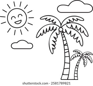 Fun Beach Scene Coloring Page with Palm Trees, Sun, and Summer Elements, black and white, brazil, palm tree, beauty in nature, sky, beach, summer, tree