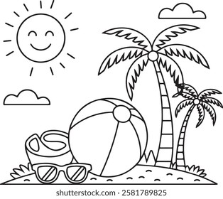 Fun Beach Scene Coloring Page with Palm Trees, Sun, and Summer Elements, black and white, brazil, palm tree, beauty in nature, sky, beach, summer, tree