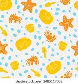 Fun beach themed seamless pattern with a crab, hat, bucket, shovel and pebbles. Wrapping paper, textile design.