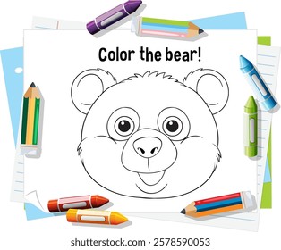 Fun bear coloring page with colorful pencils