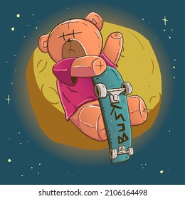 Fun Bear Skaters fly to the moon illustration, download this artwork and choose the enhanced license for more usability.