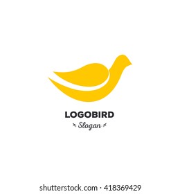 Fun, beauty, isolated, cartoon, geek dove. Vector shape, stylish, minimalistic, flat, elegant, silhouette stylized logotype. Yellow color logo template. Bird, wings, tail, duck wings.
