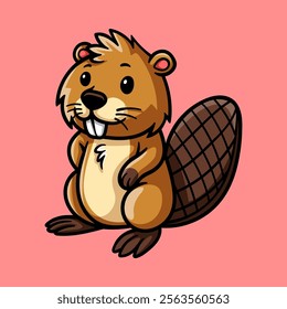 fun beaver cartoon character isolated colored drawing line art style sketch classic vintage design illustration