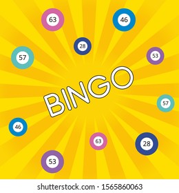 Fun bingo banner template for lottery promotion. Bright square poster, flyer, card with yellow glowing background and balls. Vector illustration