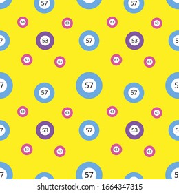 Fun Bingo Pattern With Multicolored Number Balls On The Bright Yellow Background. Seamless Ornament For Banners, Posters, Packets, Covers, Tickets. Vector Illustration