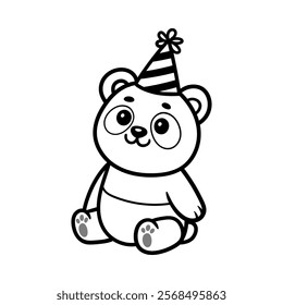 fun birthday baby panda cartoon character isolated drawing line art style sketch classic vintage design illustration