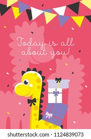 Fun Birthday Card with baby dino. Vector illustration.