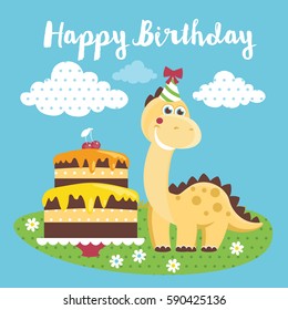 Fun Birthday Card with baby dino. Vector illustration.