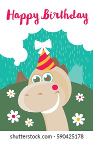 Fun Birthday Card with baby dino. Vector illustration.