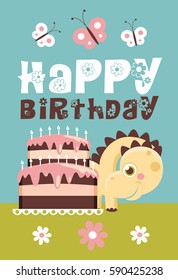 Fun Birthday Card with baby dino. Vector illustration.