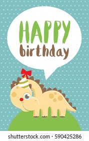 Fun Birthday Card with baby dino. Vector illustration.
