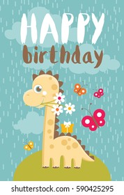 Fun Birthday Card with baby dino. Vector illustration.