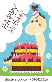 Fun Birthday Card with baby dino. Vector illustration.