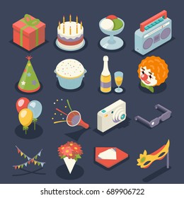 Fun Birthday Party Event Celebrate Night Icons Symbols Holiday Set 3d Isometric Flat Design Vector Illustration