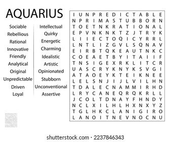 Fun Birthday Word Search Puzzle Template - Zodiac Sign Aquarius Traits