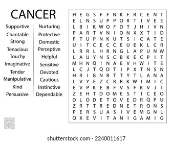 Fun Birthday Word Search Puzzle Template, Party Game - Zodiac Sign Cancer Traits and Characteristics