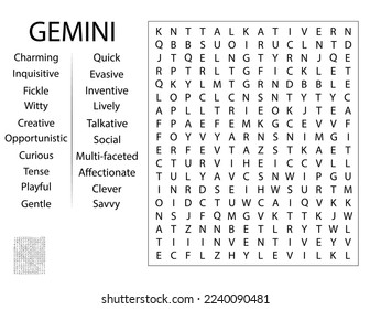 Fun Birthday Word Search Puzzle Template, Party Game - Zodiac Sign Gemini Traits and Characteristics 