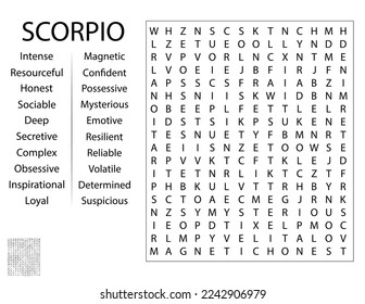 Fun Birthday Word Search Puzzle Game -  Zodiac Sign Scorpio Traits  and Characteristics