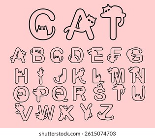 Fun Black Cat Typography alphabet outline set A to Z, Suitable for Children's Educational and Creative Projects