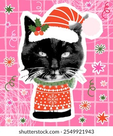 Fun black cat vector half tone collage, Hipster animal with ugly Christmas sweater design for banners, flyers and greeting cards