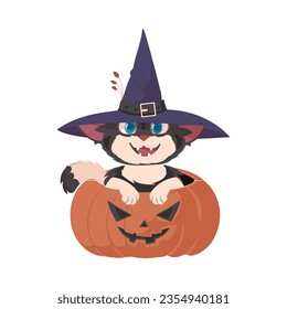 A fun black cat wearing a witch's hat is sitting on a pumpkin. The Halloween theme is all about things that are scary and spooky, which are related to Halloween. Cartoon style, Vector Illustration