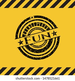 Fun black grunge emblem, yellow warning sign. Vector Illustration. Detailed.