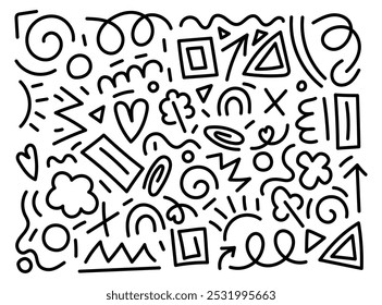 Fondo divertido del garabato de la línea negra del cabrito. Fondo de arte de estilo minimalista creativo para niños o diseño de moda con Formas básicas.