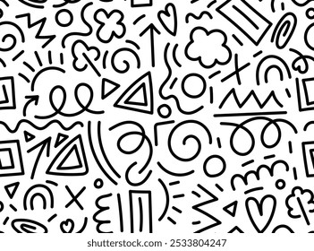 Fun black kid line doodle seamless pattern. Creative minimalist style art background for children or trendy design with basic shapes. Vector illustration