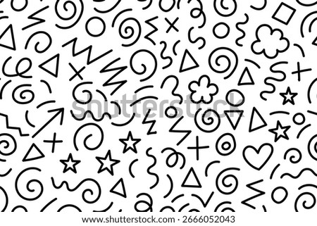 Fun black kid line doodle basckgraund. Creative minimalist style art background for children or trendy design with basic shapes.