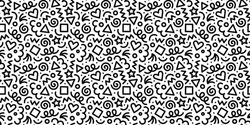 Fun Black Line Doodle Seamless Pattern. Creative Minimalist Style Art Background For Children Or Trendy Design With Basic Shapes. Simple Childish Scribble Backdrop.