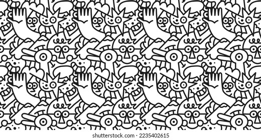 Fun black line doodle seamless pattern. Creative minimalist style art background for children or trendy design with random cartoon shapes. Simple happy childish scribble backdrop.