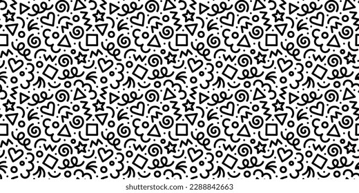 Fun black line doodle seamless pattern. Creative minimalist style art background for children or trendy design with basic shapes. Simple childish scribble backdrop.