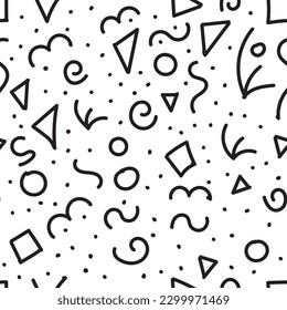 Fun black line doodle seamless pattern. Creative minimalist style art background for children or trendy design with basic shapes. Vector illustration.