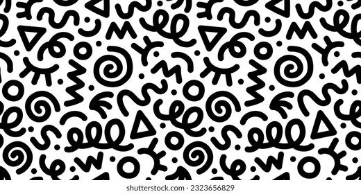 Fun black line doodle seamless pattern. Creative minimalist style art background for children or trendy design with basic shapes. Simple childish scribble backdrop.