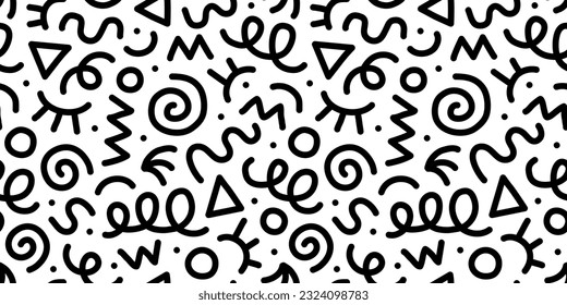 Fun black line doodle seamless pattern. Creative minimalist style art background for children or trendy design with basic shapes. Simple childish scribble backdrop.