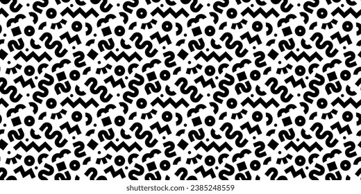 Fun black line doodle seamless pattern. Creative minimalist style art background for children or trendy design with basic shapes. Simple childish scribble backdrop.