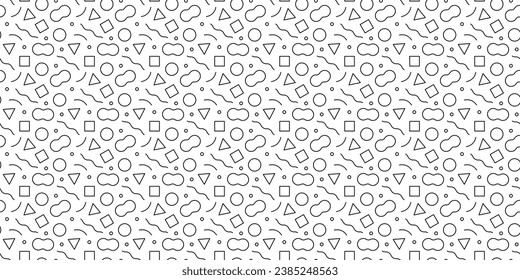 Fun black line doodle seamless pattern. Creative minimalist style art background for children or trendy design with basic shapes. Simple childish scribble backdrop.