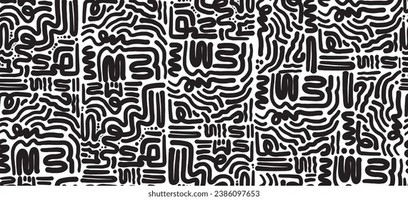 Fun black line doodle seamless pattern for kids birthday party or celebration background, trendy design with scribble shapes on white backdrop.